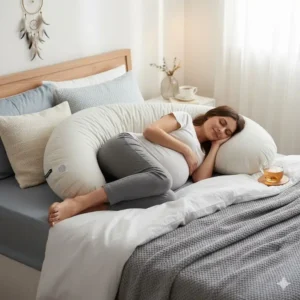 Graphic illustrating the hypoallergenic filling material used inside the supportive maternity pillow.