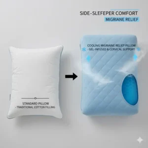 Comparing a standard pillow with the superior design of the pillow for migraine sufferers cooling their head efficiently.