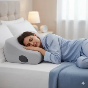 A full-body shot showing the use of a combination wedge pillow for sleep apnea side sleeping for enhanced elevation. (Illustration 7)