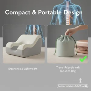 Image showing the compact, portable size of the leg pillow for sciatica pain relief for use during travel.