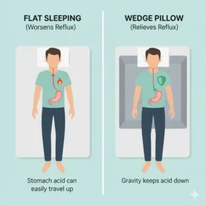 A comparison of flat sleeping versus using a wedge pillow for acid reflux relief to prevent heartburn.