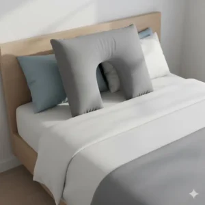 The boyfriend pillow for back support propped up against a headboard on a bed.