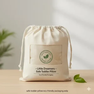 Image of the toddler pillow organic cotton safe in its eco-friendly and minimal packaging.
