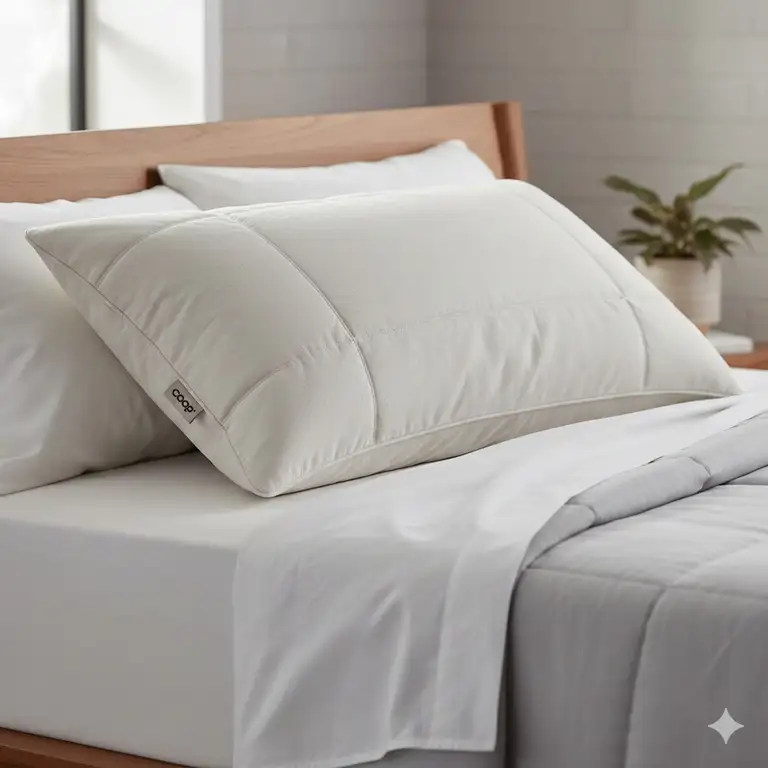 Coop Home Goods pillow review: A close-up shot of the Original adjustable pillow on a neatly made bed, showcasing its fluffy loft and high-quality cover.