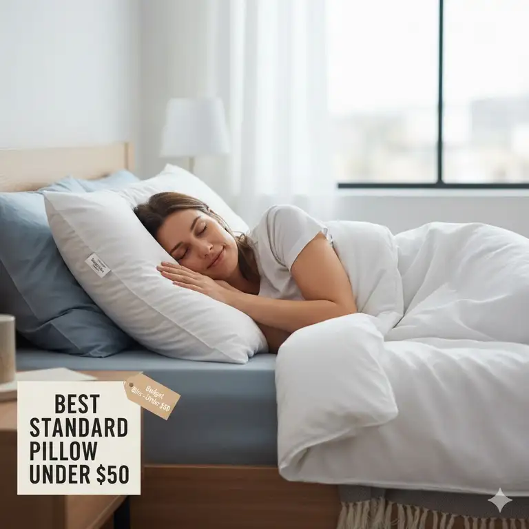 Best standard size pillow under $50 on a bed with a person sleeping comfortably.