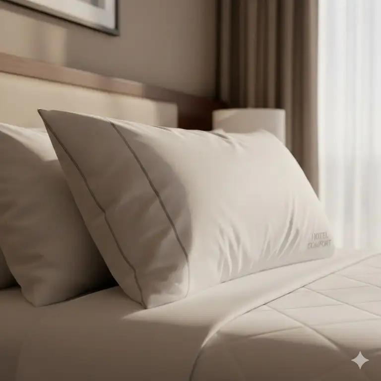 Luxurious queen size feather pillow hotel style on a crisp white bed, inviting a comfortable night's sleep.