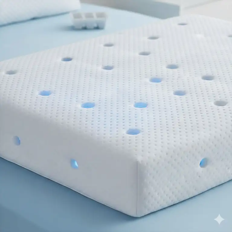 Close-up view of the breathable fabric of a queen size memory foam pillow cooling.