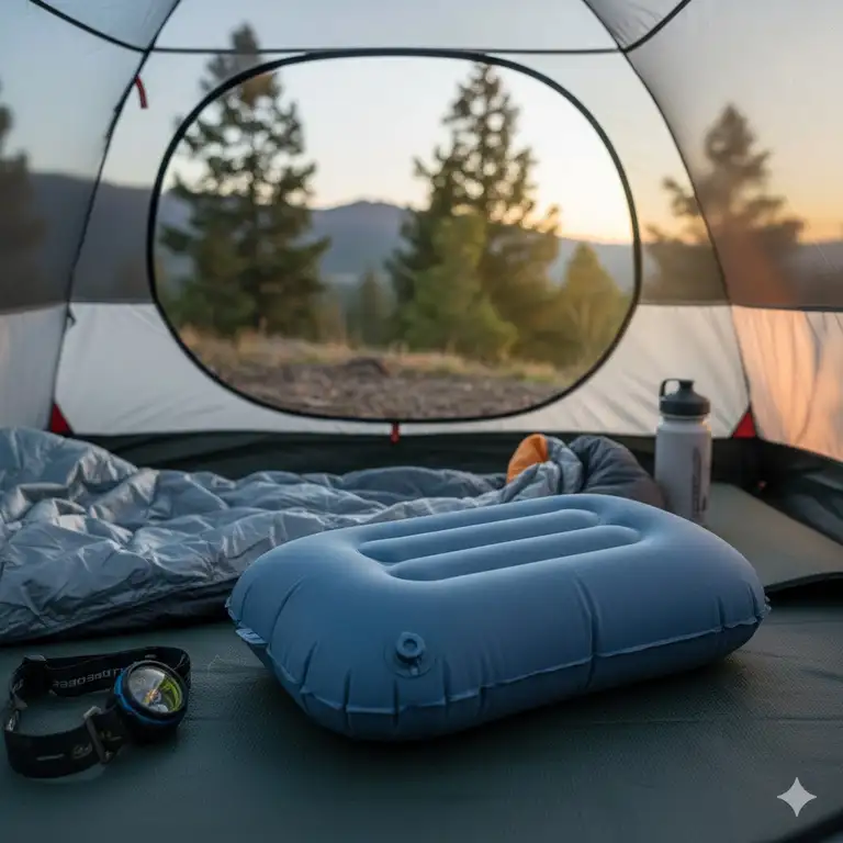 This inflatable travel size pillow for camping is shown set up inside a tent on a sleeping pad.
