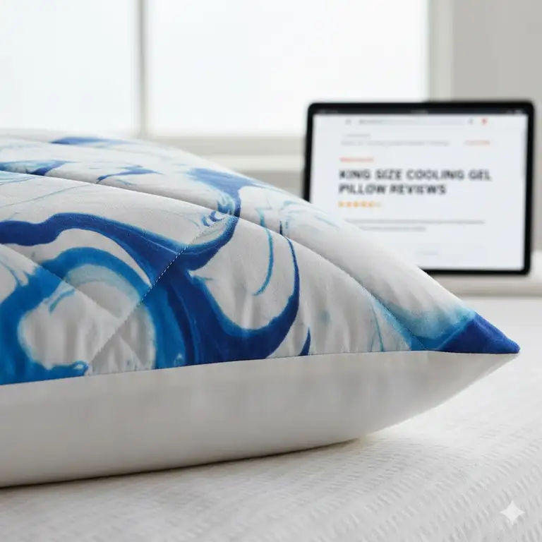 A close-up shot of a luxurious king size cooling gel pillow reviews, with visible blue gel swirls and soft white fabric, illustrating the features discussed in the article.