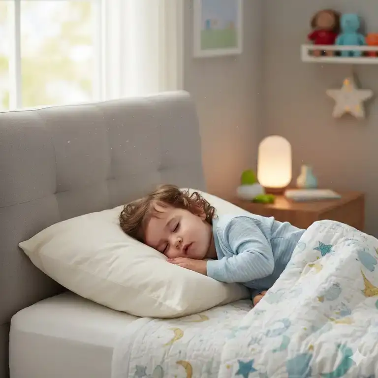 The main product image showing a toddler pillow with organic cotton case on a small bed.