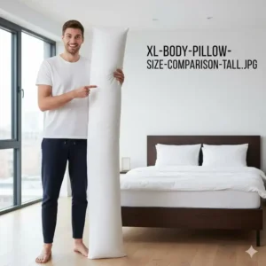 Size comparison chart for the extra long body pillow for tall people next to a person.