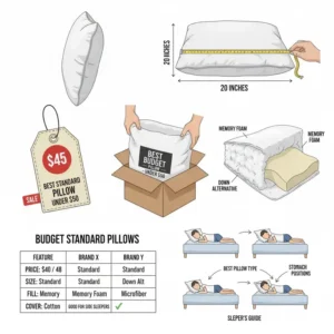 Profile view showing the loft and support of a standard size pillow.