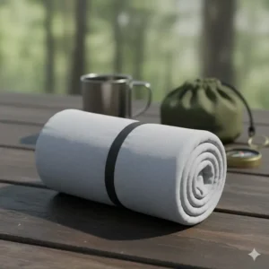 A compact travel size pillow for camping rolled up with a strap, highlighting its lightweight design for backpacking.