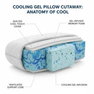 A diagram showing the internal layers of a memory foam cooling gel pillow reviews, highlighting the ventilated foam and the gel infusion for temperature regulation.