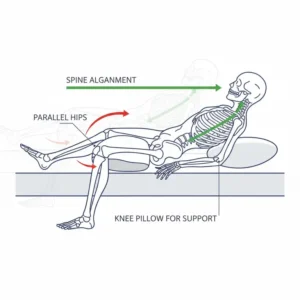 Diagram illustrating how the knee pillow for hip alignment side sleepers ensures parallel legs and spinal neutrality.
