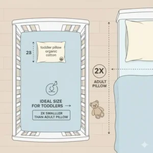 Diagram illustrating the size comparison of the toddler pillow with organic cotton case next to a crib and an adult pillow.