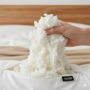 A handful of the hypoallergenic, shredded memory foam and microfiber filling used in the Coop Home Goods Original pillow, discussed in this Coop Home Goods pillow review.