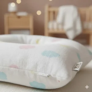 Close-up of soft, breathable cotton fabric on a cozy mini pillow for kids sleepovers for comfortable napping.