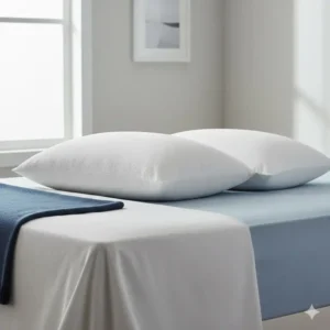 Two white, fluffy queen size memory foam pillow cooling placed neatly on a modern bed.