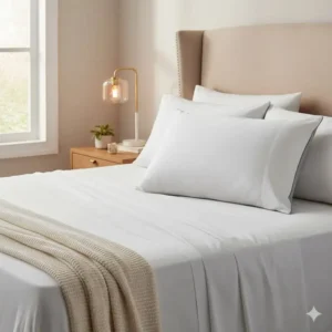 A full view of the plush and comfortable king size pillow with gusseted edge on a luxurious bed setup.