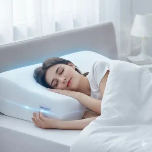 Woman sleeping soundly and comfortably on a queen size memory foam pillow cooling.