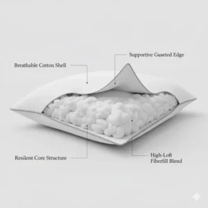 Cutaway diagram showing the supportive fill material and resilient structure of the king size pillow with gusseted edge.