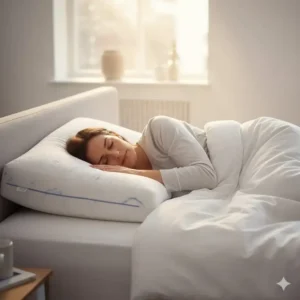 A person comfortably sleeping on their side using a thick cooling gel pillow reviews, demonstrating the ideal neck support for side sleepers.
