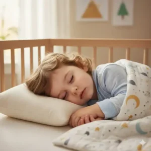 A child sleeping comfortably on their toddler pillow with organic cotton case, showing proper head and neck support.