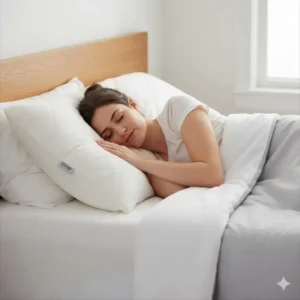 A demonstration of the Coop Home Goods pillow providing optimal neck and head alignment for a side sleeper as part of the full Coop Home Goods pillow review.