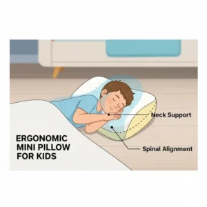 The contoured shape of an ergonomic mini pillow for kids sleepovers, designed for excellent neck support.