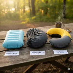 Comparison of three types of travel size pillow for camping: inflatable, memory foam, and hybrid.