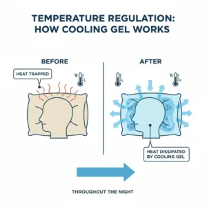 A graphic illustrating how cooling gel technology helps dissipate heat and maintain a cool surface throughout the night, a key benefit noted in cooling gel pillow reviews.
