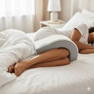 Versatile use of the knee pillow for hip alignment side sleepers placed under the ankles or calves for leg elevation.