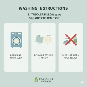 Visual guide on how to wash and care for the toddler pillow with organic cotton case and cover.