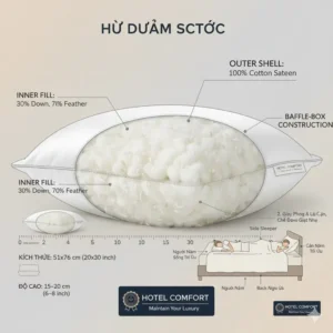 An informative graphic depicting optimal head and neck support provided by the queen size feather pillow hotel style for various sleep positions.