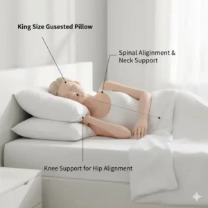 Illustration showing the optimal spinal alignment and support the king size pillow with gusseted edge provides for a side sleeper.