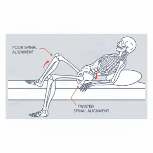 Visual of a side sleeper experiencing poor hip alignment without the supportive knee pillow for hip alignment side sleepers.