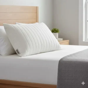 The standard size Coop Home Goods Original pillow resting on a queen-sized mattress to show its dimensions and profile for the Coop Home Goods pillow review.