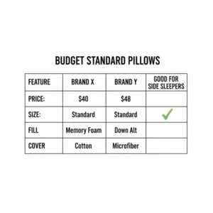 Comparison chart summarizing features of standard size pillows in the budget category.