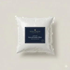 The queen size feather pillow hotel style neatly packaged in its vacuum-sealed bag, ready for delivery.