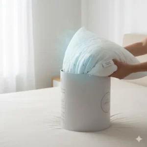 Hand lifting a rolled-up, new queen size memory foam pillow cooling from its packaging.