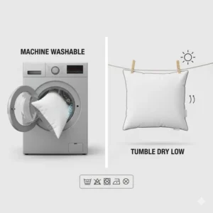 Image demonstrating the easy-care and machine-washable features of the king size pillow with gusseted edge.