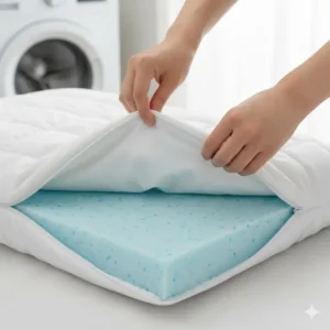 An image showing a person easily removing a zippered cover from a cooling gel pillow reviews, suggesting ease of washing and maintenance.