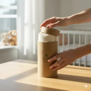 Image of the packed toddler pillow with organic cotton case in its eco-friendly product box.