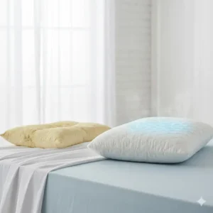 A visual comparison of a worn-out pillow next to a supportive new queen size memory foam pillow cooling.