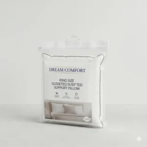 Product packaging and branding for the king size pillow with gusseted edge, highlighting key comfort features.