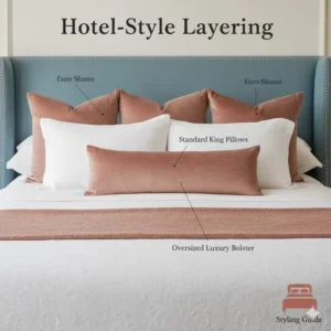 Hotel-style layering with an oversized pillow for king bed as the centerpiece.