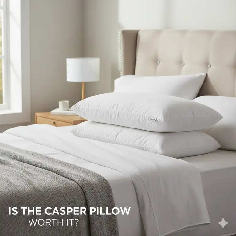 A shot of the two white, fluffy Casper pillow worth it on a neatly made bed, used for a comprehensive review.Casper pillow worth it?