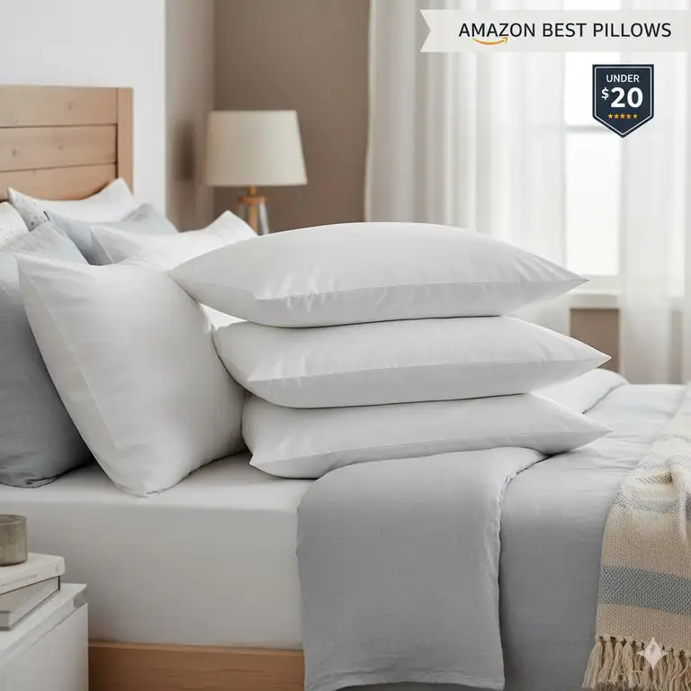 Featured Image: A premium white plush pillow on a modern bed representing the best pillow under $20 on Amazon.