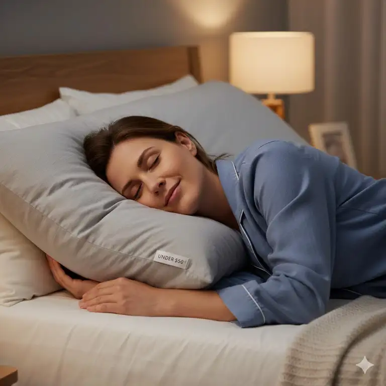 A person sleeping comfortably on the best pillow under $50 for side sleepers in a modern bedroom.